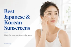 Woman applying sunscreen with the title "Best Japanese & Korean Sunscreens" on a bright minimalist background, illustrating sunscreen recommendations for sensitive skin.