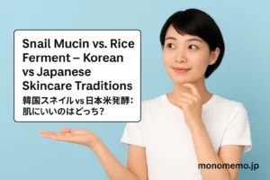 A young East Asian woman with short dark hair and a gentle smile stands against a light blue background, wearing a simple white T-shirt. She looks slightly to the side while resting her chin on one hand and extending the other hand forward, as if weighing two options. On the left, a text box reads: "Snail Mucin vs. Rice Ferment – Korean vs Japanese Skincare Traditions" with the Japanese translation below. The website name "monomemo.jp" appears at the bottom right.