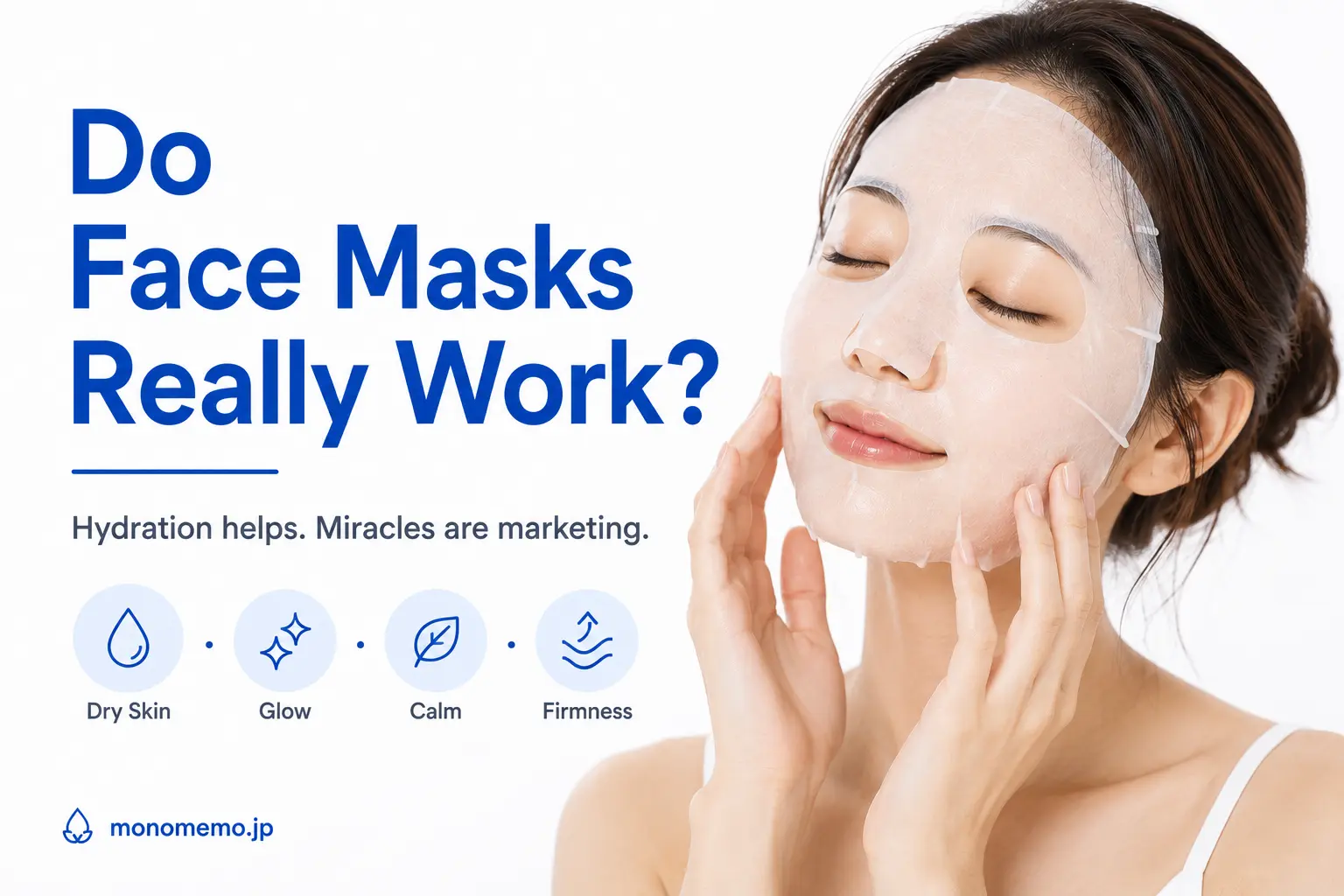 Woman wearing a sheet mask with a guide to Japanese and Korean face masks on a clean white background.