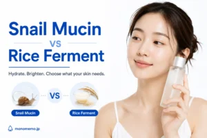Woman holding a skincare essence bottle beside a comparison of snail mucin and rice ferment for healthy-looking skin.