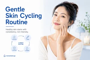 Woman gently touching her face beside a four-night skin cycling routine diagram showing exfoliation, treatment, hydration, and recovery for sensitive skin.