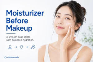 Woman applying moisturizer before makeup with a simple skincare routine illustration showing moisturizer, sunscreen, and makeup.