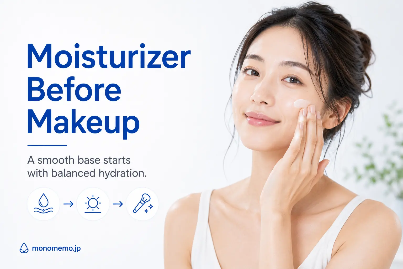 Woman applying moisturizer before makeup with a simple skincare routine illustration showing moisturizer, sunscreen, and makeup.
