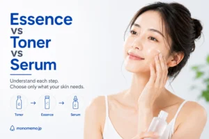 Woman applying a lightweight essence to her face with an illustration comparing toner, essence, and serum on a clean white background.