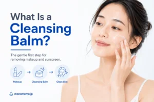 Woman applying a cleansing balm with a simple skincare illustration explaining how cleansing balm removes makeup and sunscreen.