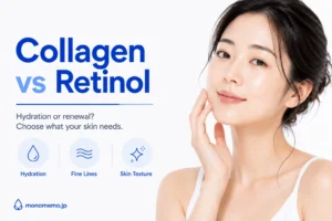 Woman touching her cheek beside the title "Collagen vs Retinol" on a clean white background.