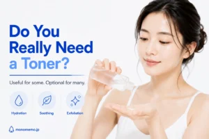 Woman pouring toner into her palm before applying it to her face on a clean white background.