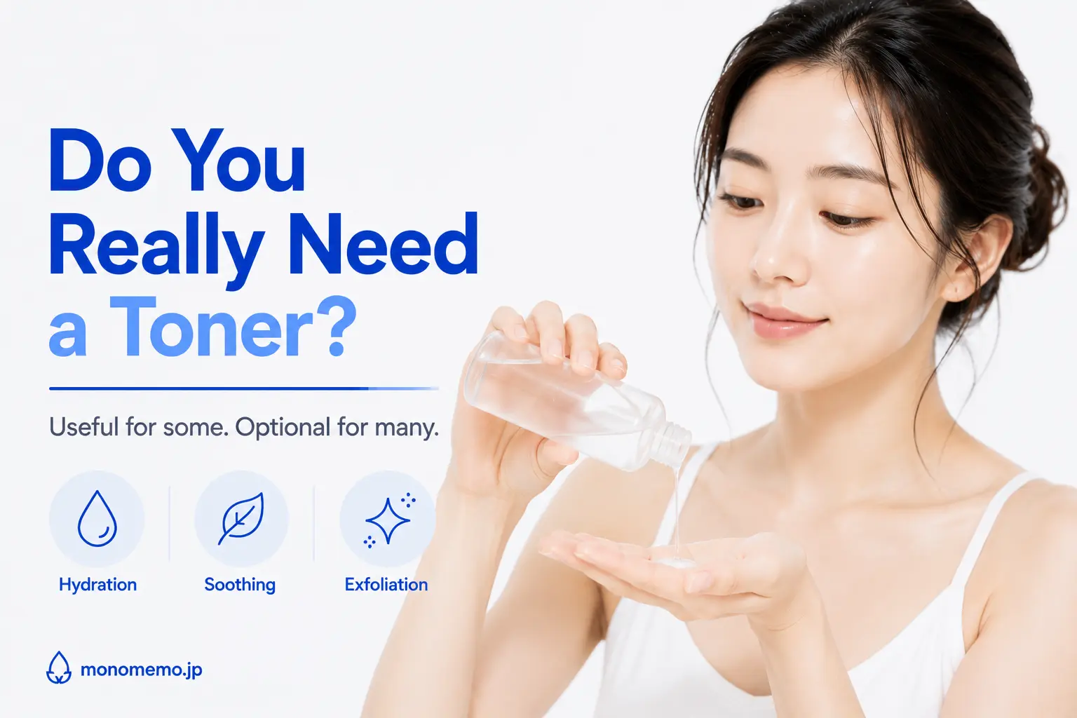 Woman pouring toner into her palm before applying it to her face on a clean white background.
