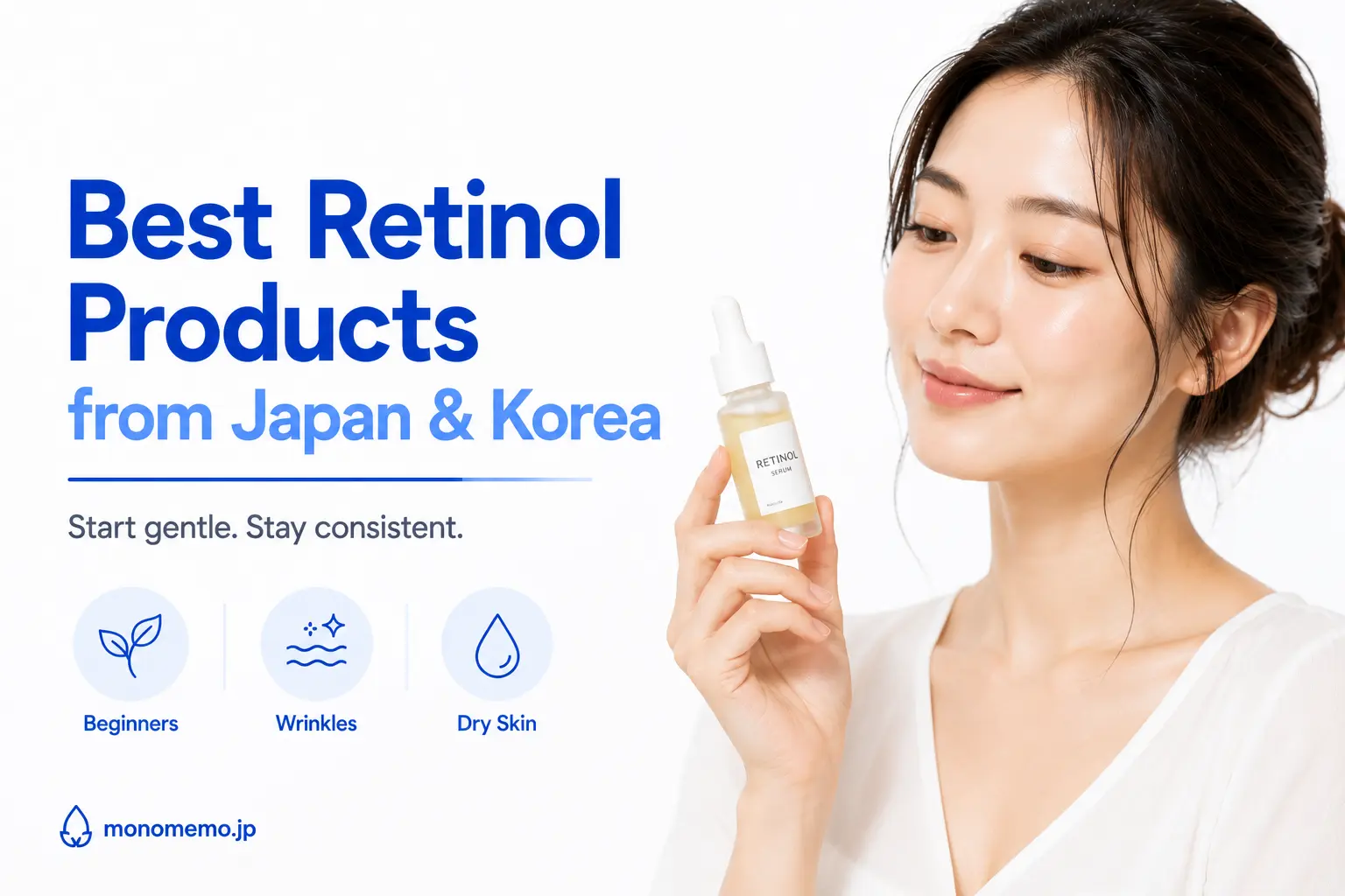 Woman looking at a retinol serum bottle beside the title "Best Retinol Products from Japan & Korea" on a bright white editorial background.