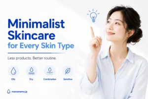 Woman pointing upward as if discovering a simple skincare solution beside the title "Minimalist Skincare for Every Skin Type" on a clean white background.