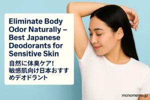 A young East Asian woman with long dark hair and a gentle smile raises her right arm and smells her underarm with a relaxed expression. She wears a simple white T-shirt and stands against a light blue background. On the left side, a large text box reads: "Eliminate Body Odor Naturally – Best Japanese Deodorants for Sensitive Skin" with the Japanese translation "自然に体臭ケア！敏感肌向け日本のおすすめデオドラント". The website name "monomemo.jp" is displayed in the bottom right corner.