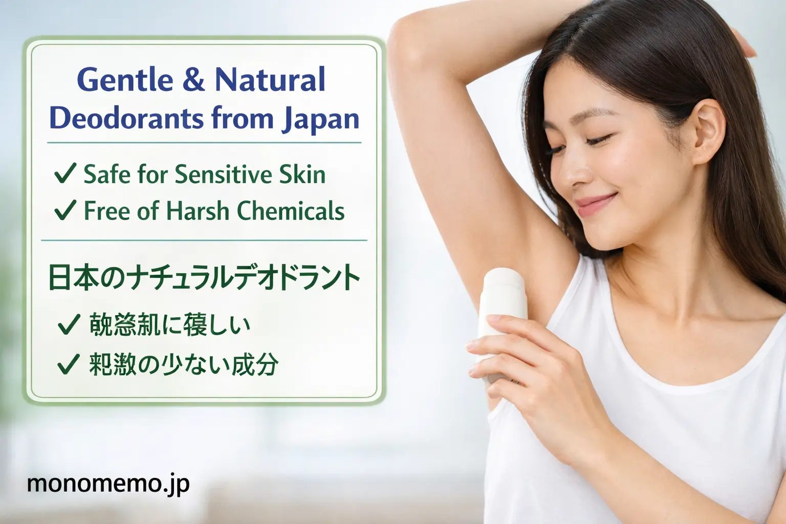 Natural Japanese deodorant for sensitive skin – woman applying fragrance-free deodorant