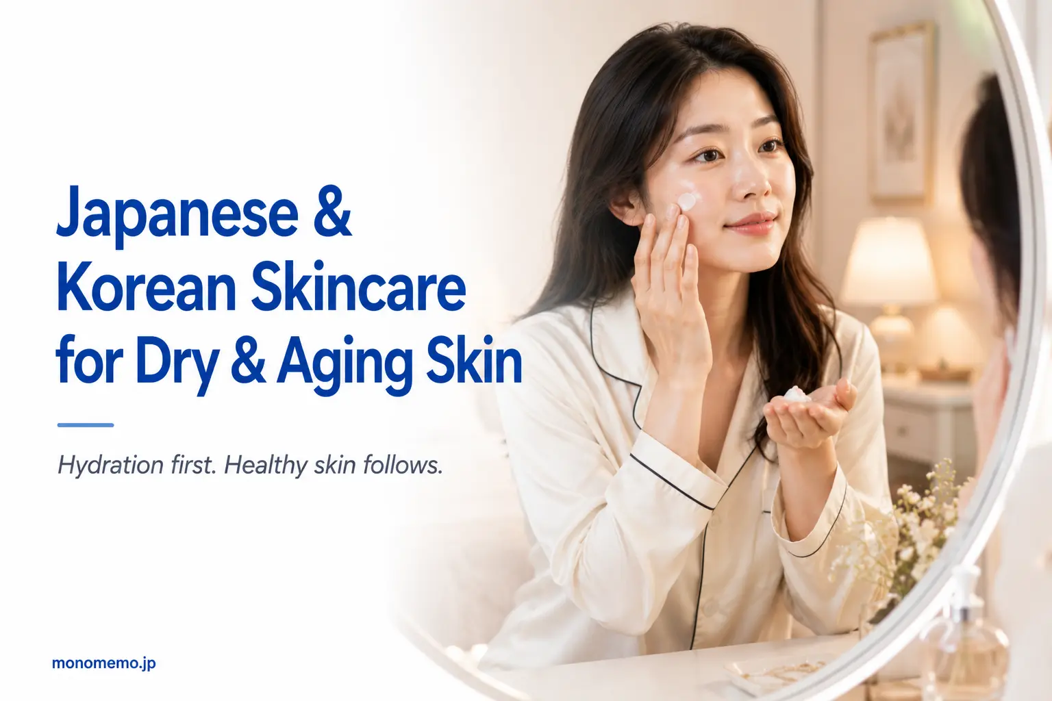 Woman applying night cream at a vanity mirror for a Japanese and Korean skincare routine targeting dry and aging skin.