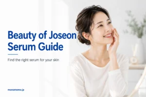 Smiling woman touching her face after finding the right Beauty of Joseon serum for her skin, illustrating a skincare guide for choosing serums by skin concern.