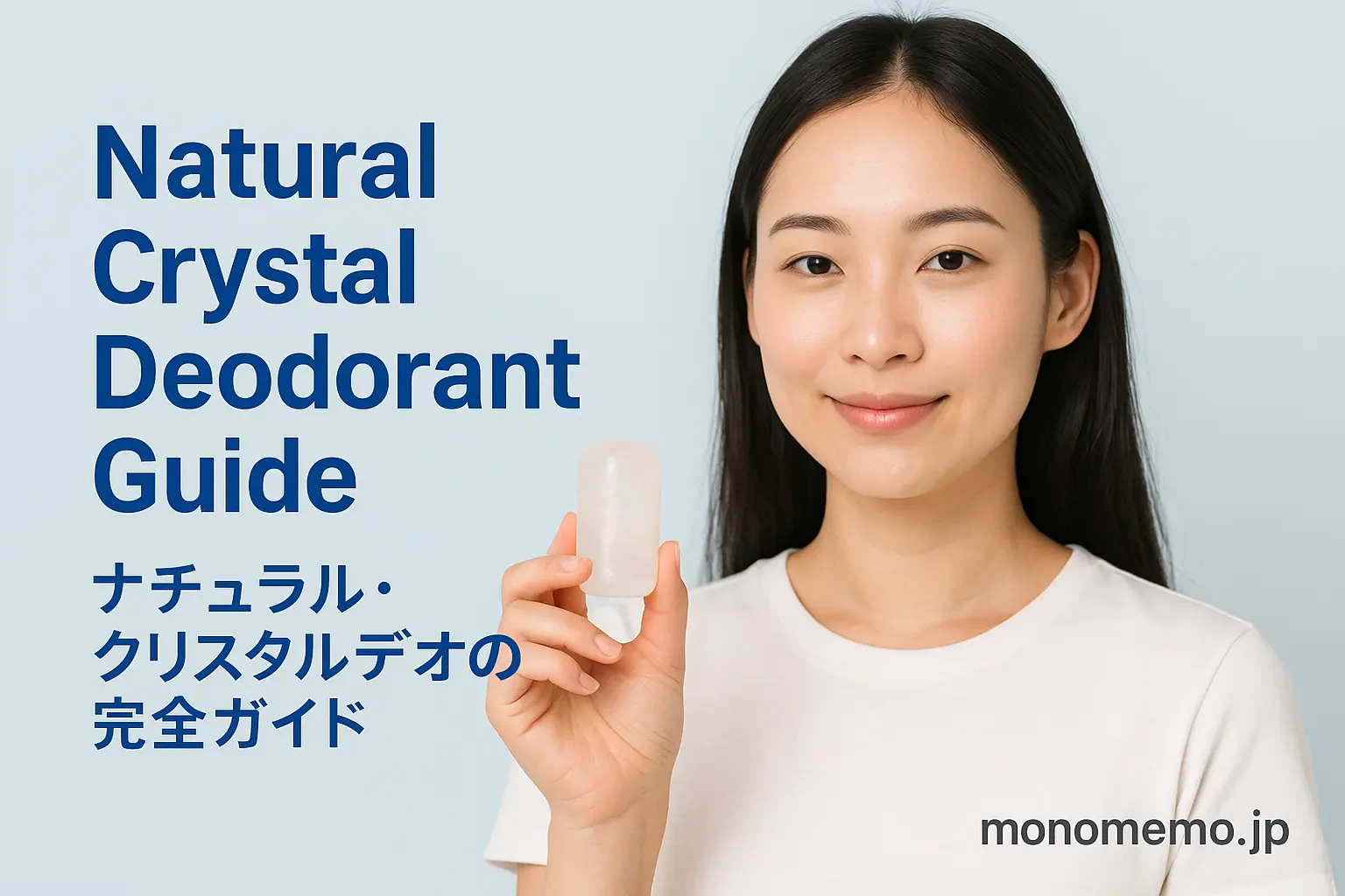 “Beautiful East Asian woman with long dark hair, wearing a white T-shirt, gently applying a crystal deodorant to her underarm with a soft smile. Light blue background, bilingual title text ‘Crystal Deodorant: Natural Freshness from Mineral Salt / ミョウバンで自然にニオイケア’, monomemo.jp at the bottom.”