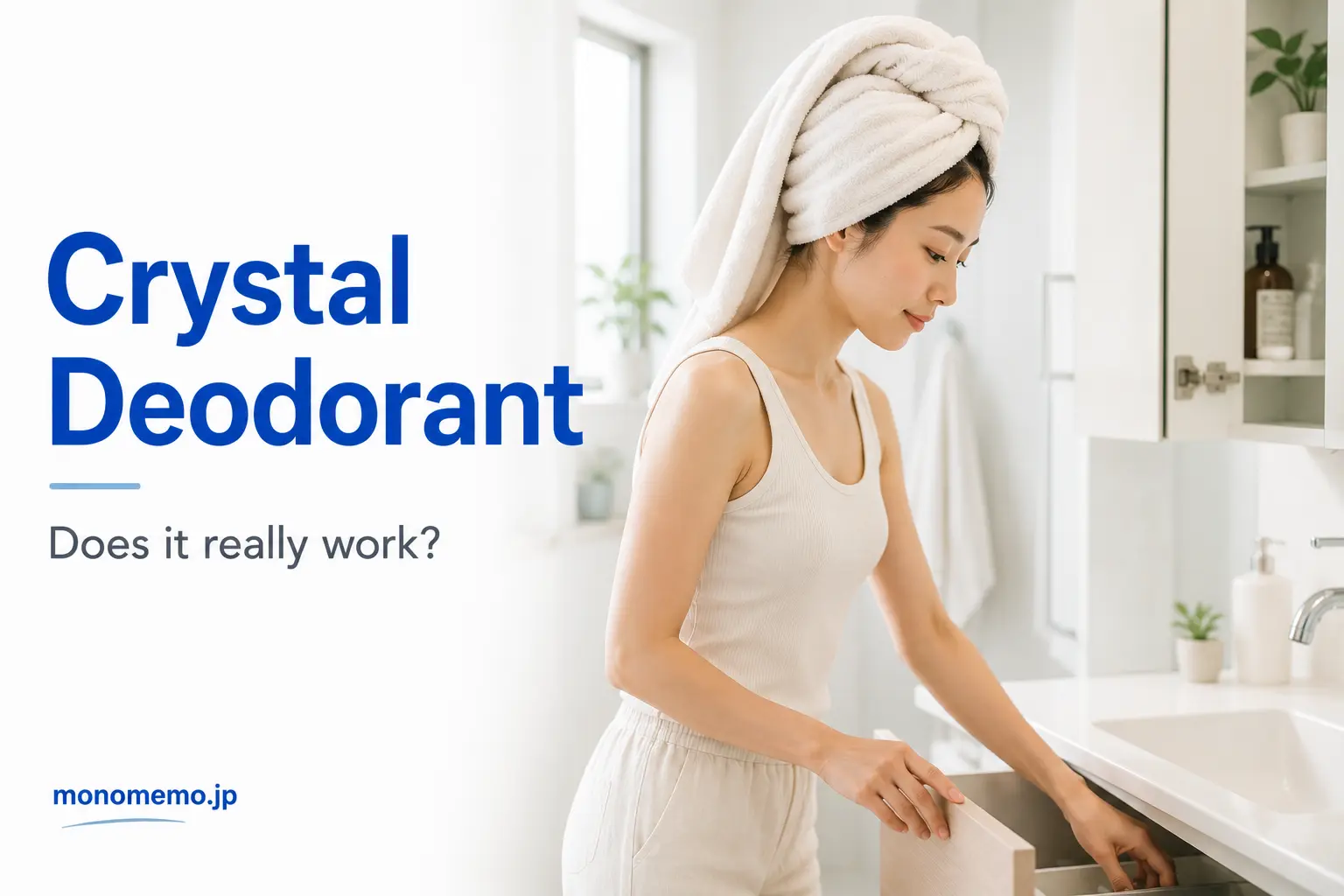 Woman with a towel wrapped around her hair opening a bathroom cabinet as part of a crystal deodorant routine