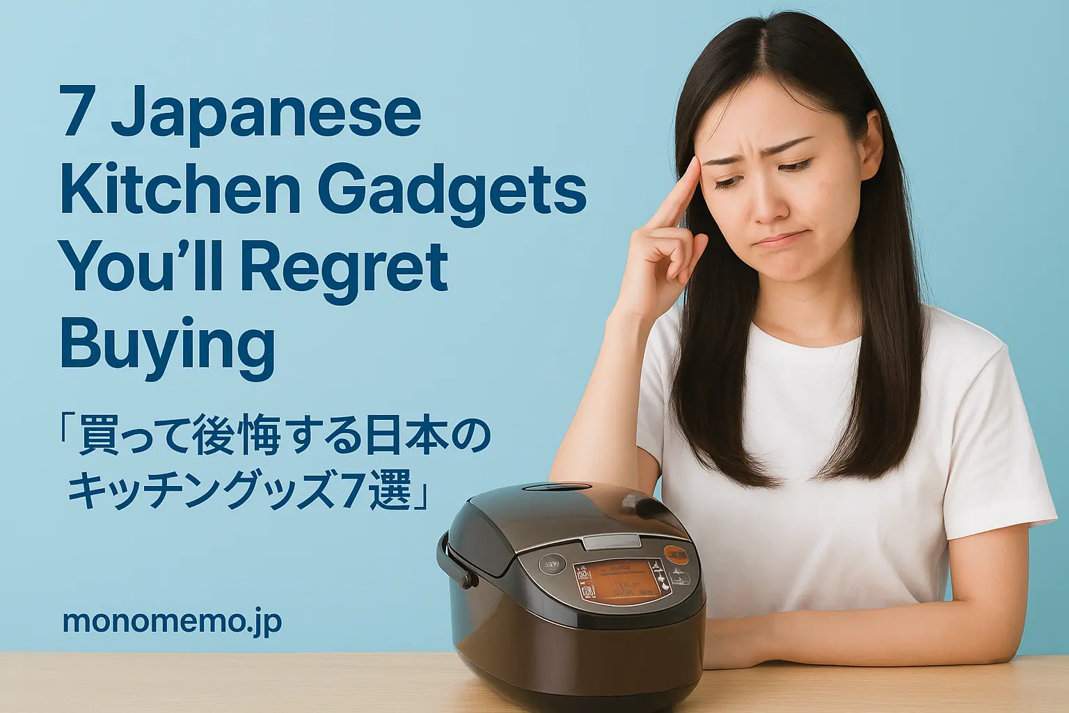"A Japanese woman in a white T-shirt standing in a kitchen, looking regretfully at an unused Japanese kitchen gadget on the counter. Text overlay reads: '7 Japanese Kitchen Gadgets You’ll Regret Buying ｜ 買って後悔する日本のキッチングッズ7選'."