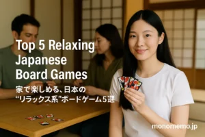 Three East Asian friends in a traditional Japanese tatami room playing Hanafuda cards, with a young woman in a white T-shirt smiling at the camera while holding colorful cards. Text overlay reads “Top 5 Relaxing Japanese Board Games 家で楽しめる、日本の“リラックス系”ボードゲーム5選”.