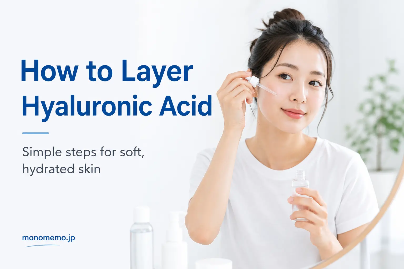 Woman applying hyaluronic acid serum during a simple skincare layering routine for hydrated skin