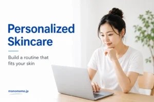 Woman using a laptop to research personalized skincare and build a skincare routine