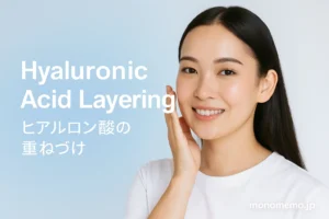 Realistic East Asian woman with long black hair wearing a white T-shirt, gently smiling while touching her cheek, on a soft white-to-blue gradient background with bilingual text “Hyaluronic Acid Layering｜ヒアルロン酸の重ねづけ”.