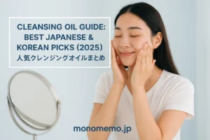 A beautiful East Asian woman washing her face with cleansing oil in front of a mirror, soft blue background, skincare routine scene. クレンジングオイルで顔を洗う美しい東アジア系女性。鏡の前で優しくマッサージしているスキンケアルーティンの様子。