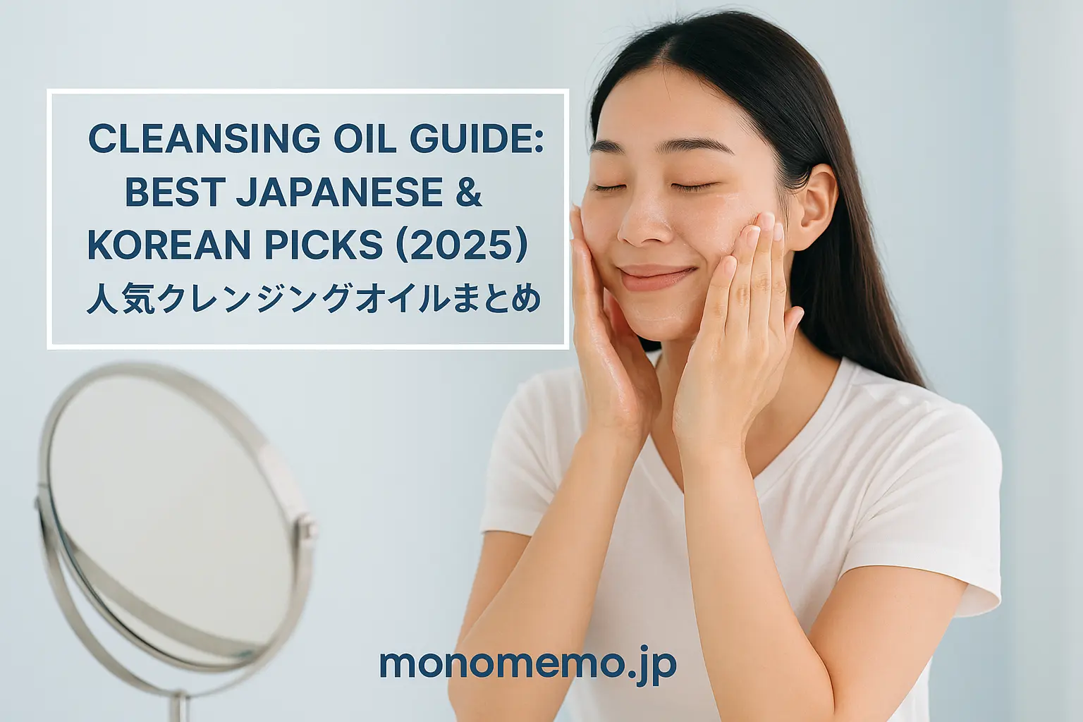 A beautiful East Asian woman washing her face with cleansing oil in front of a mirror, soft blue background, skincare routine scene. クレンジングオイルで顔を洗う美しい東アジア系女性。鏡の前で優しくマッサージしているスキンケアルーティンの様子。