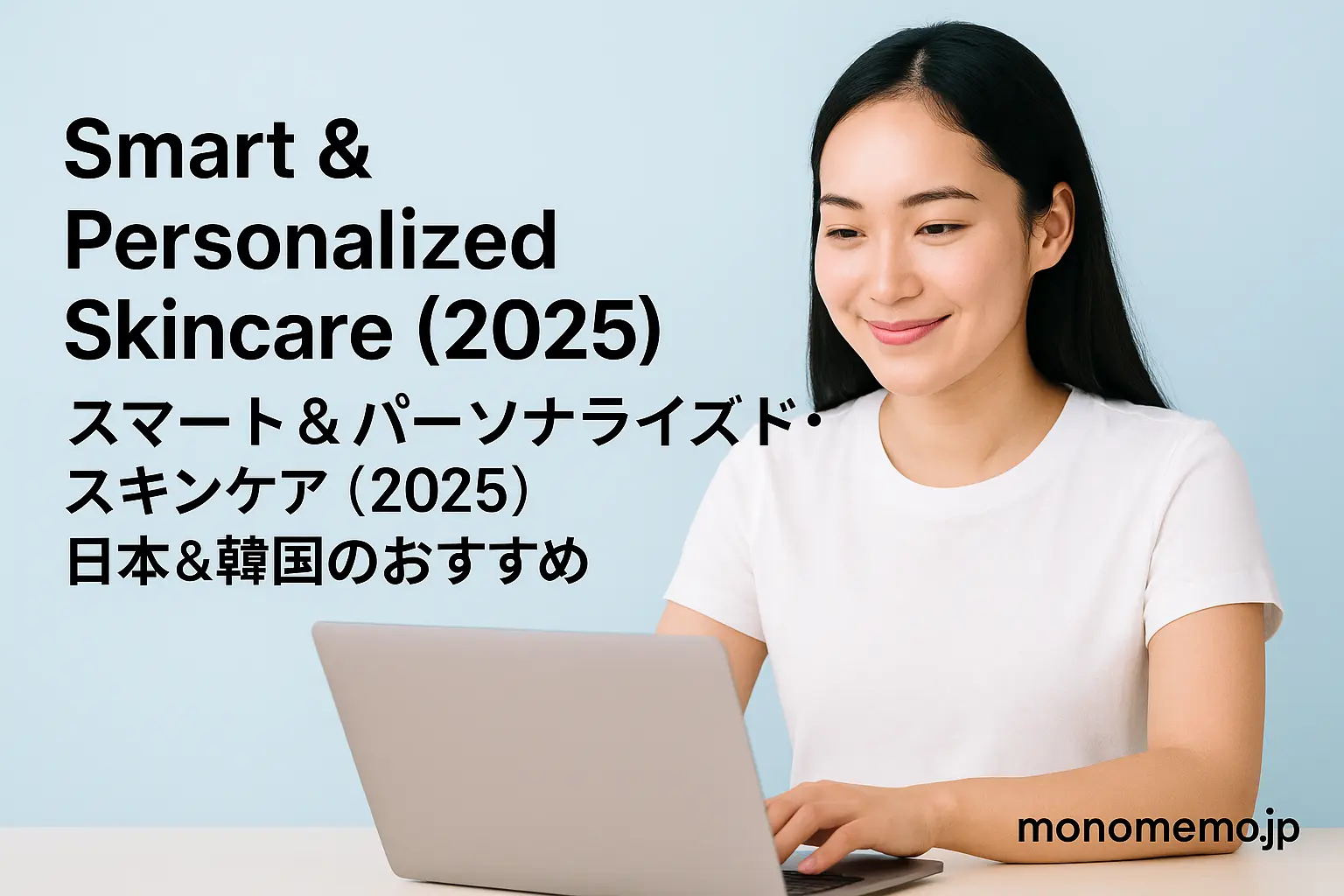 A young East Asian woman with long dark hair smiling softly while researching smart skincare on her laptop, light blue background — Smart & Personalized Skincare (2025) / スマート&パーソナライズド・スキンケア(2025)|monomemo.jp