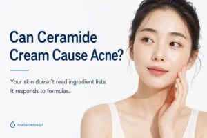 Featured image for a guide explaining whether ceramide cream can cause acne, featuring a woman with healthy skin and tips for choosing the right moisturizer.