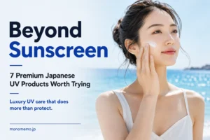 Premium Japanese UV products featured image showing a woman applying sunscreen at the beach
